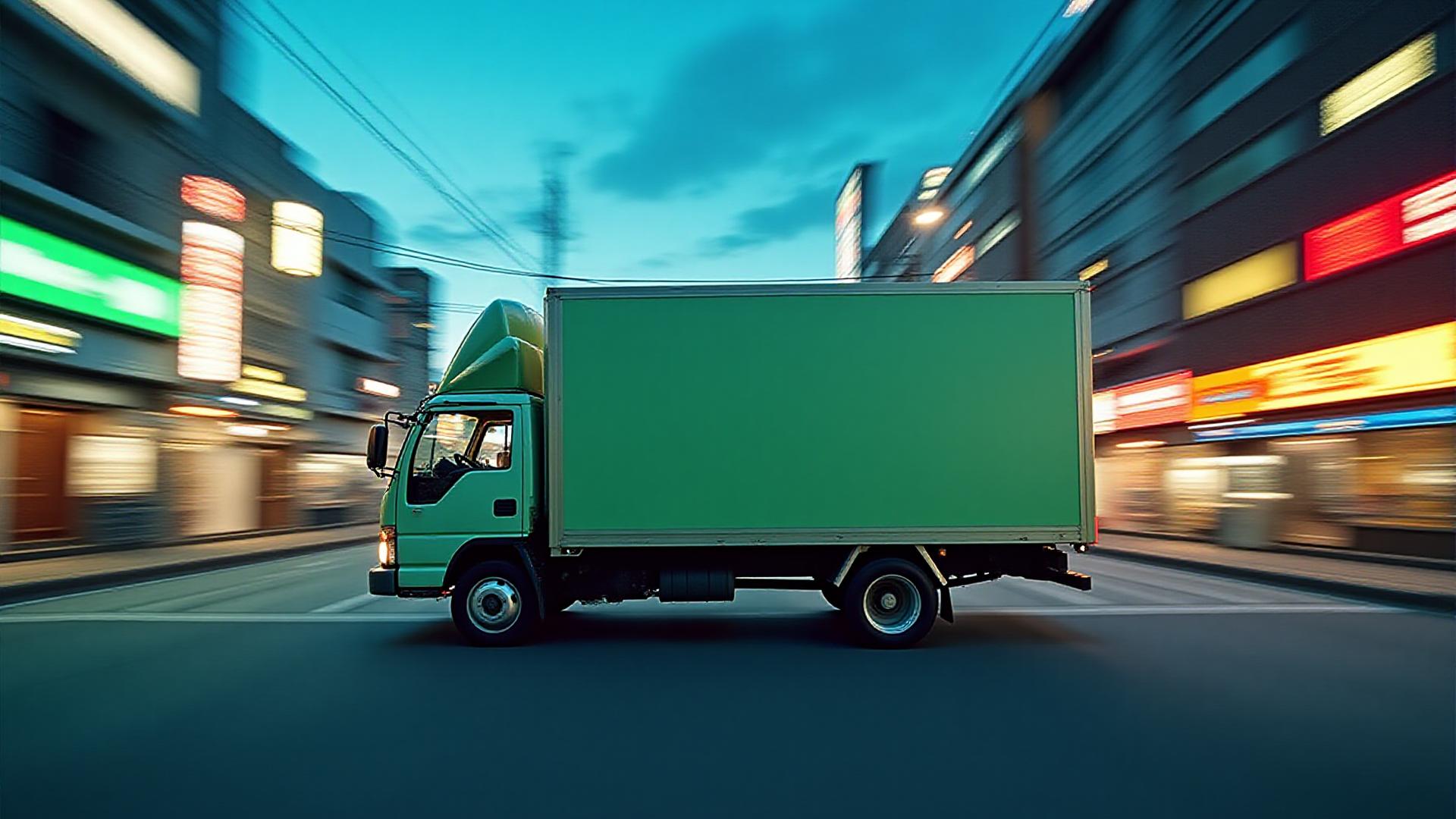 東京の夜景を背景に走る配送トラック